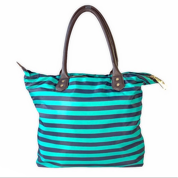 🌊C. WONDER Teal/Navy Blue Striped Zipper Tote - Picture 4 of 8